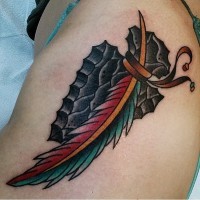 Little black ink ancient weapon tattoo stylized with colorful feather