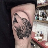 Little black ink arm tattoo of wolf and moon