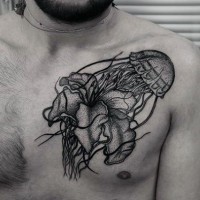 Little black ink detailed jellyfish with flower tattoo on chest