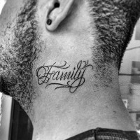 Little black ink family word tattoo on neck