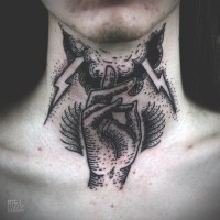 Little black ink human hand tattoo on neck combined with lightning