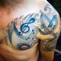Little black ink music notes tattoo on chest and shoulder