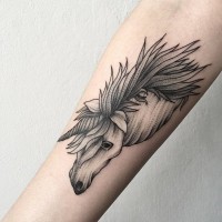 Little black ink slim forearm tattoo of unicorn head
