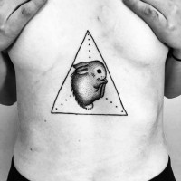 Little black ink sweet rabbit tattoo on belly with triangle