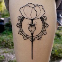Little black ink thigh tattoo of flower