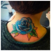 Little blue colored old school rose flower tattoo on neck