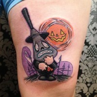 Little cartoon like colored funny monster tattoo with pumpkin shaped sun