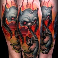 Tatuaje en la pierna, gato demoníaco con iglesia en llamas