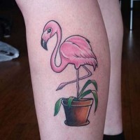 Little cartoon like pink flamingo tattoo on leg with flower pot
