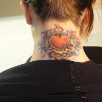 Little cartoon style colored burning heart tattoo on neck with skulls
