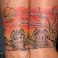 Little cartoon style colored memorial tomb stones tattoo on wrists