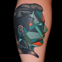Little colored geometrical faceless portrait tattoo on leg