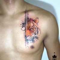insolito stile colorato piccola testa di tigre a meta tatuaggio su petto