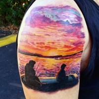 piccolo colorato padre e figlio pescatori tatuaggio su spalla