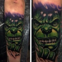 Little comic books style forearm tattoo of angry Hulk