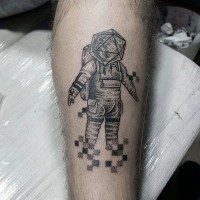 piccolo uomo spaziale geometrico tatuaggio su gamba