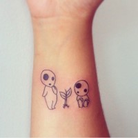 Little homemade black ink wrist tattoo of tiny monsters