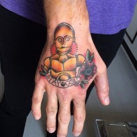 Little homemade like colored C3PO tattoo on hand stylized with flower and lettering