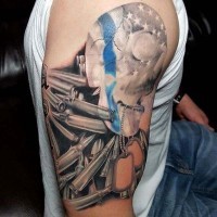 Little multicolored American native military shoulder tattoo with skull and bullets