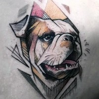 Little multicolored cute dog portrait tattoo on shoulder