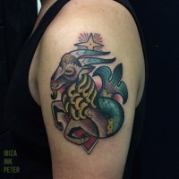 Tatuaje en el brazo,
capricornio divertido de varios colores y estrella