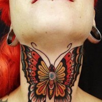 Little multicolored neck tattoo of beautiful butterfly