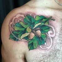 Little natural looking colored oak leaves with acorns tattoo on shoulder