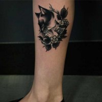 Little old school black and white cat tattoo on leg stylized with flowers