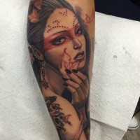 Little old school colored beautiful forearm tattoo of gypsy woman portrait