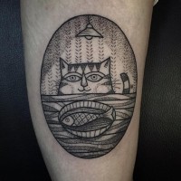 Little oval shaped on thigh tattoo of can and fish