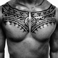 Little simple designed black and white tribal patterns tattoo on chest