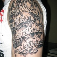 Little simple designed lettering tattoo on shoulder with music notes