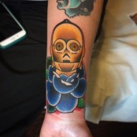 Little unusual designed colorful wrist tattoo of C3PO in flower