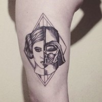 Little vintage style black ink half Leia half Vader tattoo on arm