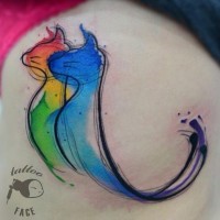 Little watercolor like funny cats tattoo on thigh
