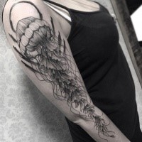 Long big size jelly fish arm length tattoo in engraving style