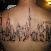 Los Angeles architecture upper back pale colored tattoo with lettering Hollywood