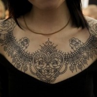 Lovely black lines lace tattoo on chest for girls