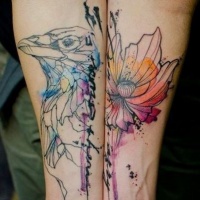 Lovely black lines with watercolor bird and flower forearm tattoo