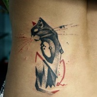 Lovely black red geometric cat tattoo on ribs