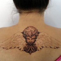 Lovely cherub with wings tattoo on back for women