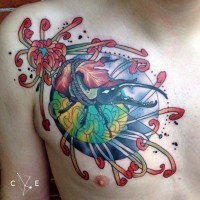 Lovely colored bug and flower tattoo by Cody Eich