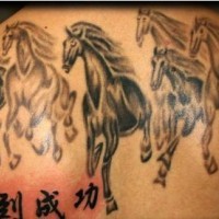 Schöne Herde von galoppierenden Pferden mit Tattoo am Rücken