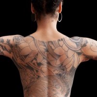 Lovely japanese style tattoo on back and half sleeve for women
