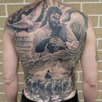 Lovely jesus with a lamb and dove tattoo on whole back