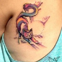 Lovely looking colored thigh tattoo of girls like cat