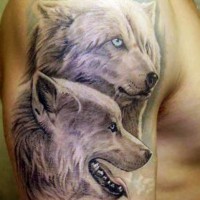 Tatuaje en el brazo,
lobos blancos con ojos azules
