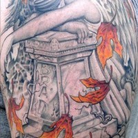 Lovely sad angel and tombstone tattoo