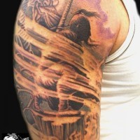 Lovely sad samurai tattoo on half sleeve