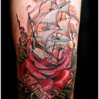 Lovely ship emerged from roses tattoo